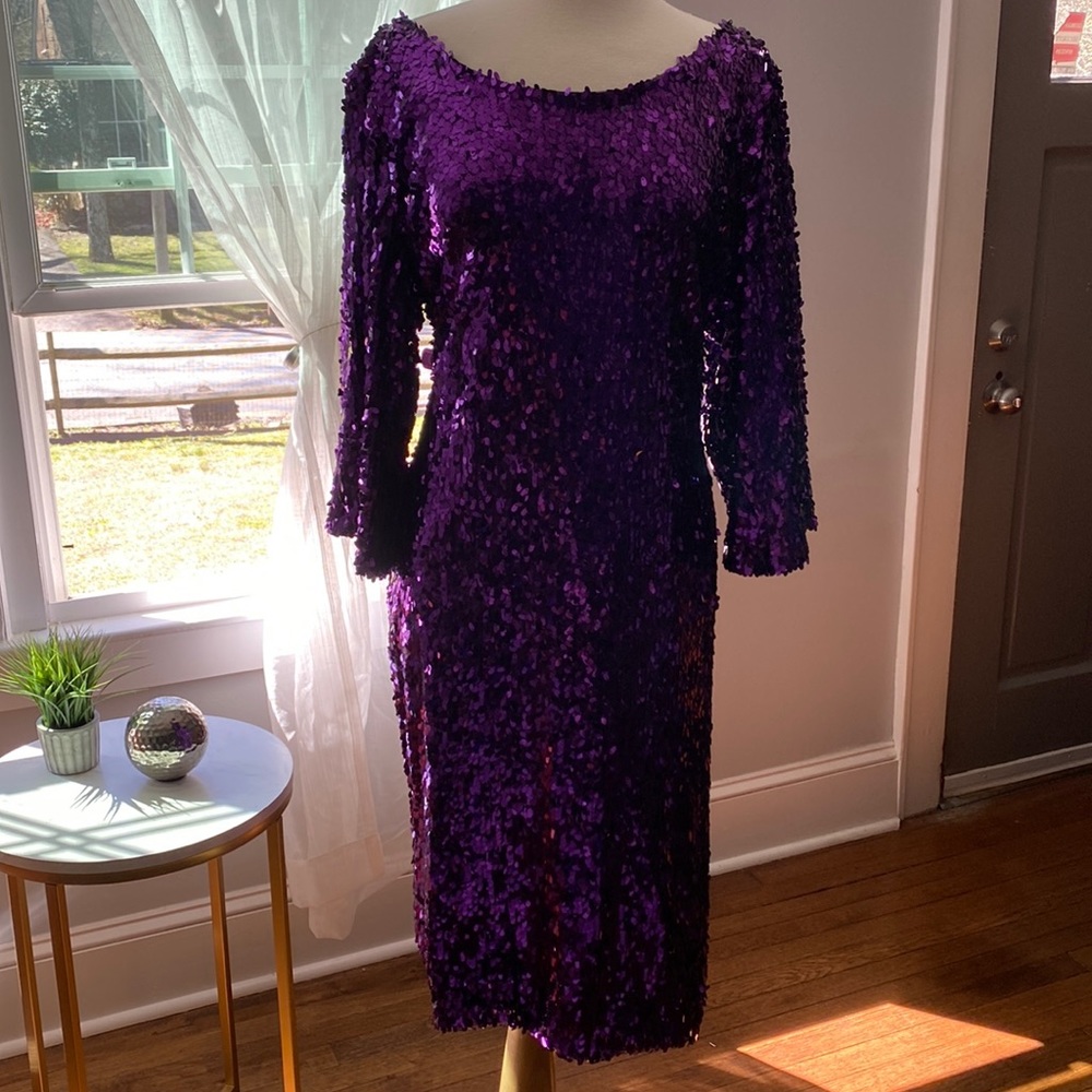 Purple sequin cocktail dress with 3/4 sleeves